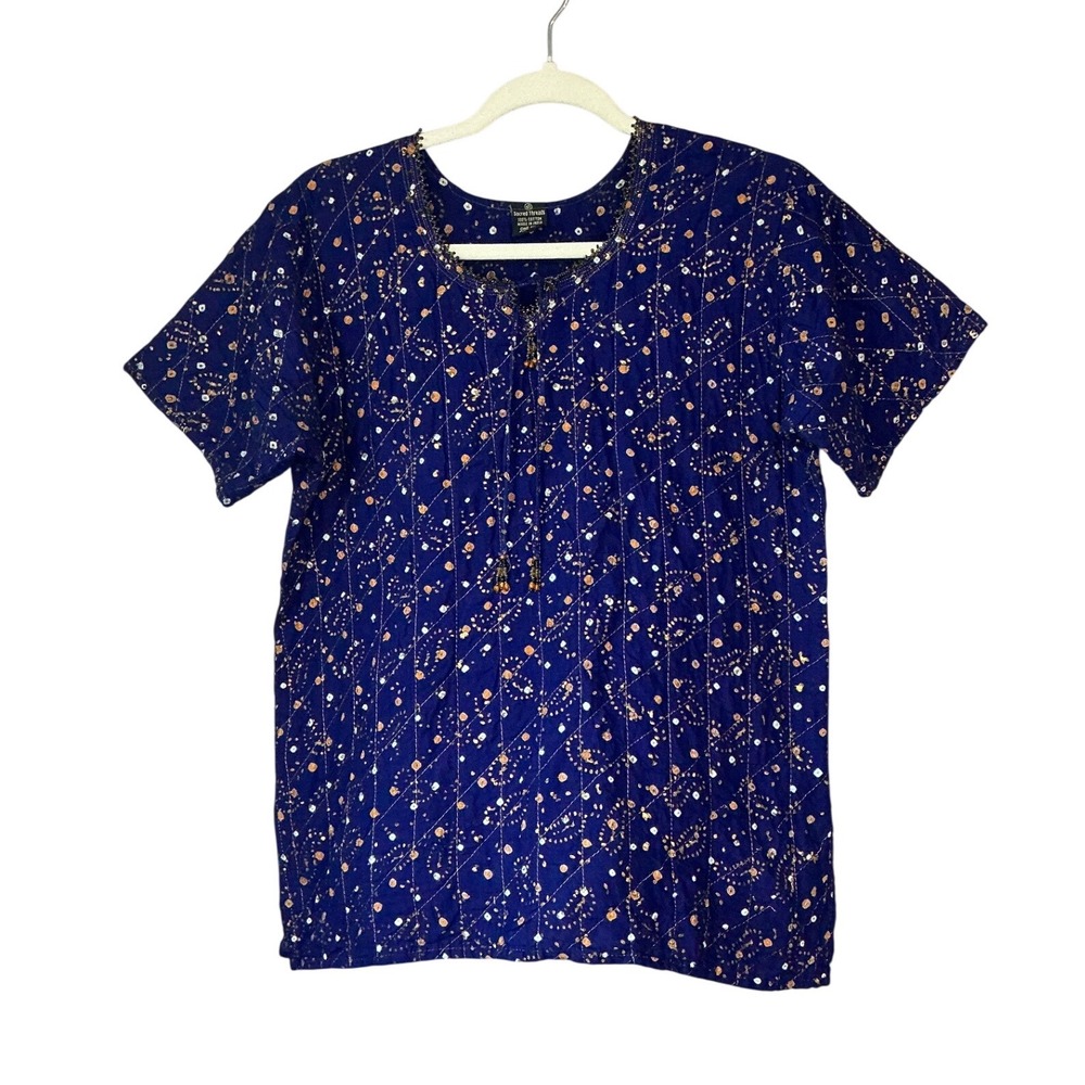 Sacred Threads Navy Blue‎ Bandhani Quilted Cotton Bead Tassel Top One Size (M-L)